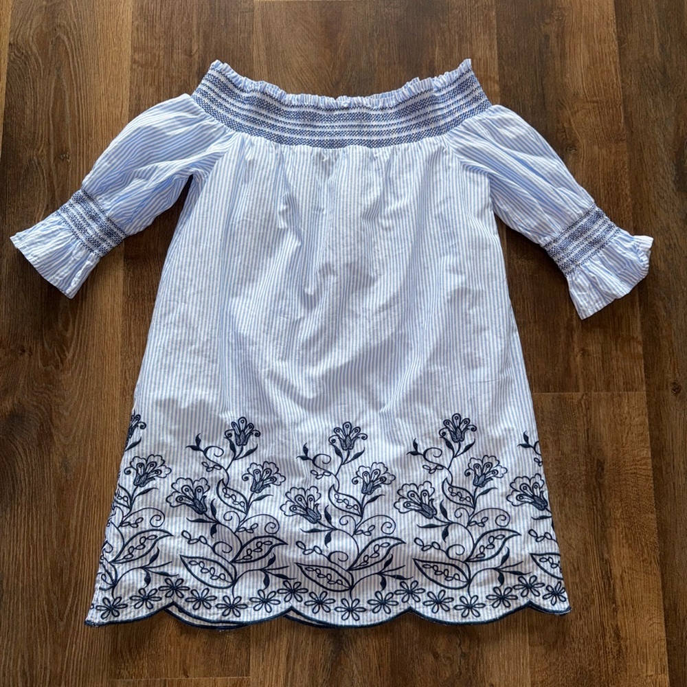 Altar'd State Blue and White Off-Shoulder Dress